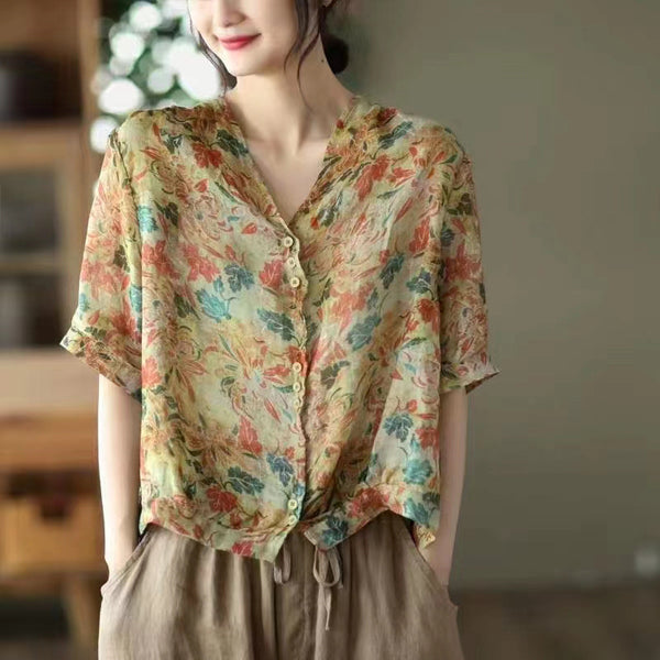 Blusa Casual Plus Size con Escote en V y Costuras Artísticas en Ramio