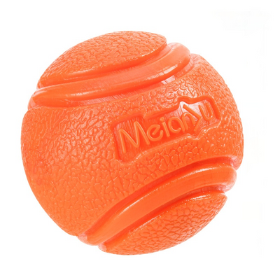 Orange textured pet bouncy ball with embossed 'Meianyu' logo, designed to be bite-resistant for dogs. - Image 11