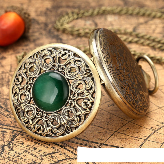 Reloj de Bolsillo Retro Tallado con Ojo de Gato Verde - Cuarzo Grande