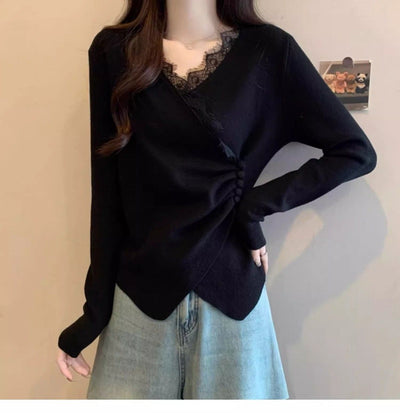 Blusa Manga Larga con Encaje Irregular y Escote en V - Image 25