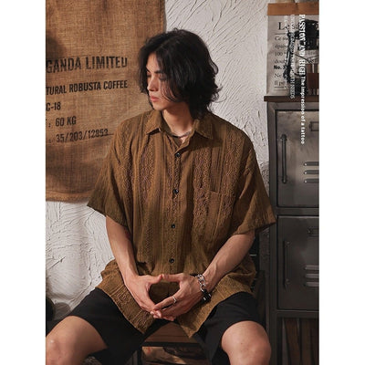 Camisa Retro de Diseño Calado Manga Corta para Hombre - Image 14