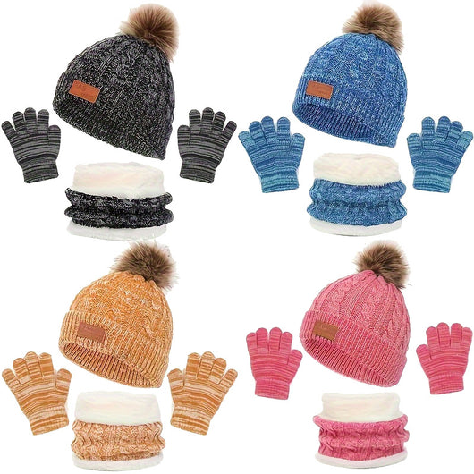 Conjunto Infantil de Gorro, Bufanda y Guantes Tejidos con Pompones - Image 5