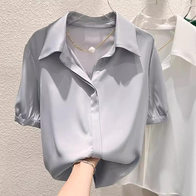 Conjunto de Blusa Satinada Manga Corta con Solapas Finas - Image 10