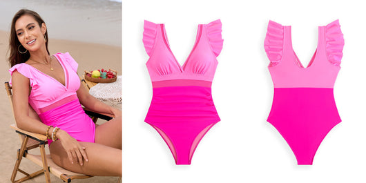 Light blue one-piece swimsuit with mesh stitching, ruffled sleeves, and a V-neck, modeled on a beach. - Image 12