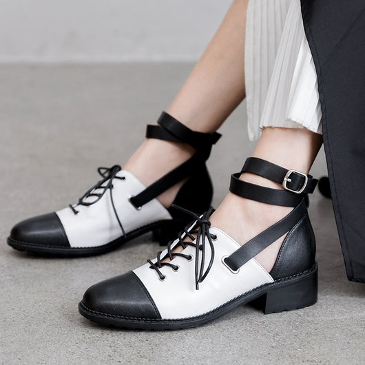 Zapatos de Cuero con Cordones y Hebilla - Tacón Cuadrado Punta Redonda