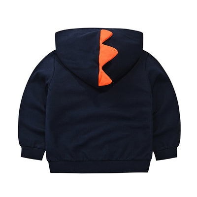 Navy blue children's hooded jacket with orange dinosaur spikes on the hood and googly eyes on the front pocket. - Image 8