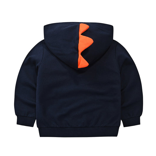 Navy blue children's hooded jacket with orange dinosaur spikes on the hood and googly eyes on the front pocket. - Image 8