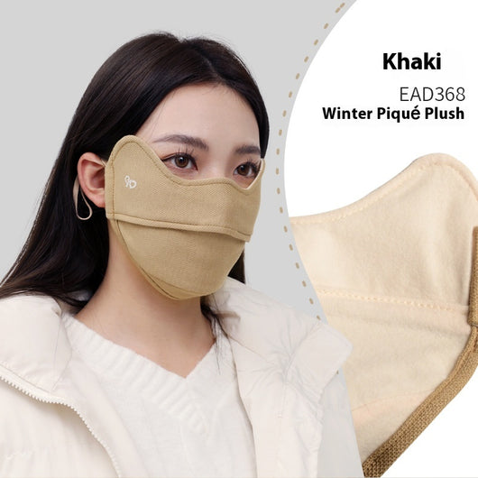 Black winter thermal mask with ear hooks, contoured for face and nose, shown on a person and in a close-up. - Image 9