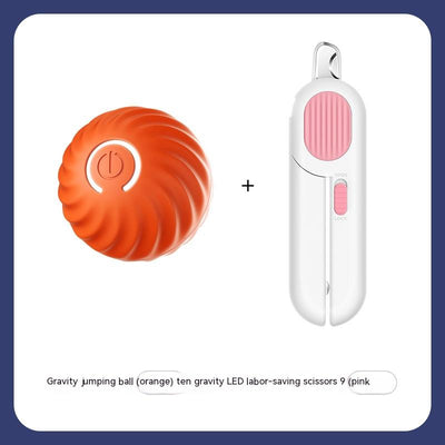 Blue gravitational jumping pet ball with a power button, shown next to an orange replacement shell for the toy. - Image 12