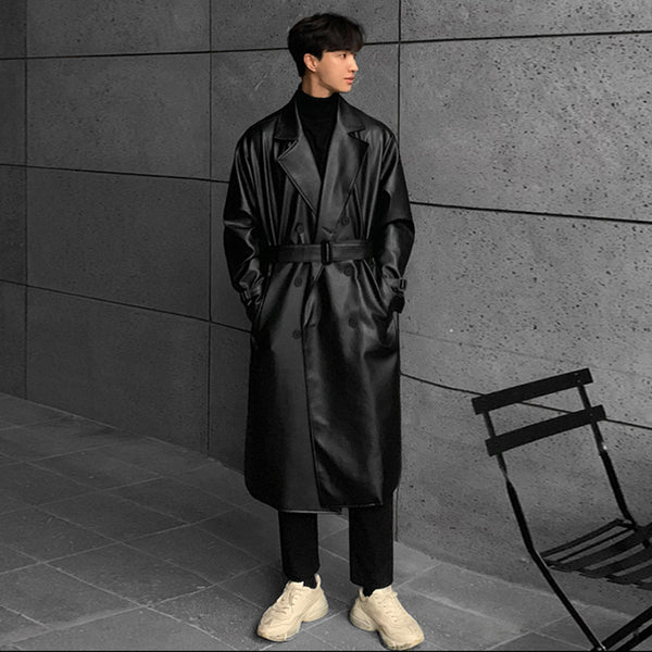 Chaqueta de Cuero Doble Botonadura Slim Fit Coreana para Hombre