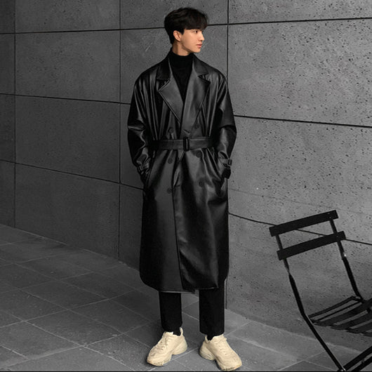 Chaqueta de Cuero Doble Botonadura Slim Fit Coreana para Hombre