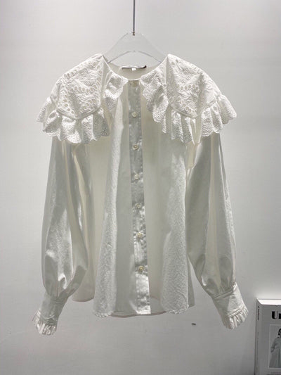 Camisa Blanca de Lino con Solapa Ancha y Bordado Retro de Loto Calado - Image 6