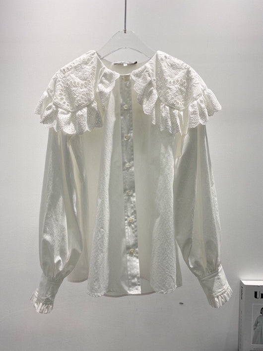 Camisa Blanca de Lino con Solapa Ancha y Bordado Retro de Loto Calado - Image 6
