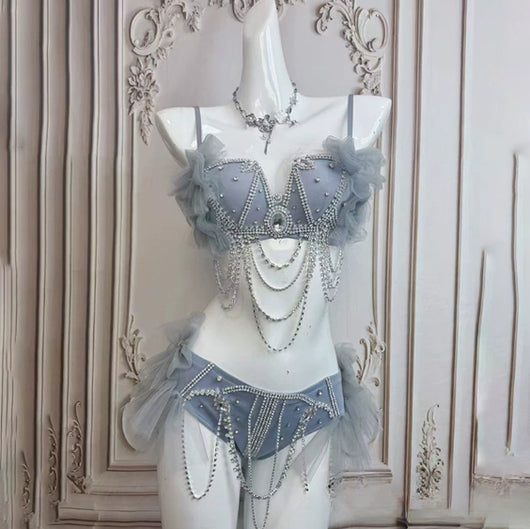 Bikini Azul Ahumado Brillante con Cadena - Estilo Vacacional