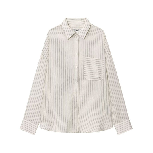 Camisa de Rayas Holgada con Solapa y Manga Larga