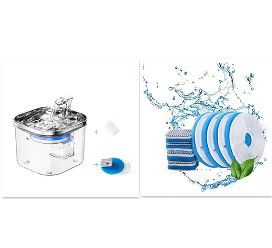Automatic pet water fountain with clear reservoir, stainless steel top, and flowing water spout, shown with power adapter and filter set. - Image 9