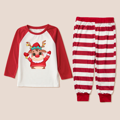 Family matching Christmas pajamas with red raglan sleeve tops featuring a cartoon reindeer and red and white striped pants. - Image 9