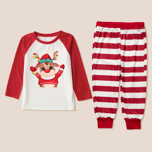 Family matching Christmas pajamas with red raglan sleeve tops featuring a cartoon reindeer and red and white striped pants. - Image 9