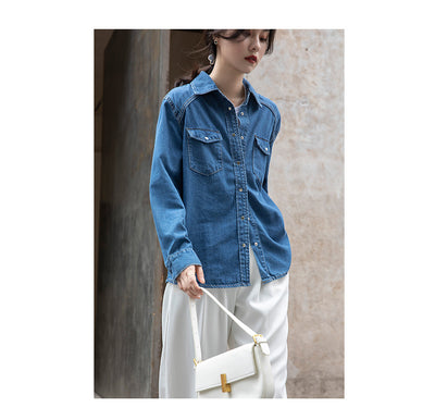 Camisa Denim Retro Azul - Prenda Versátil de Manga Larga - Image 14