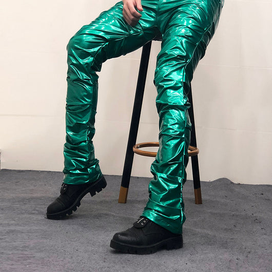 Pantalones de Cuero Acampanados con Espejo Reflectante para Hombre - Image 13