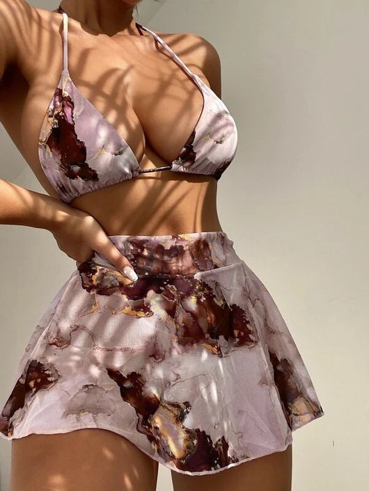 Traje de Baño Tres Piezas Estampado Mármol con Ajuste Cordón - Image 11