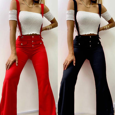 Pantalones Acampanados Cintura Alta con Tirantes Estilo Europeo - Image 5