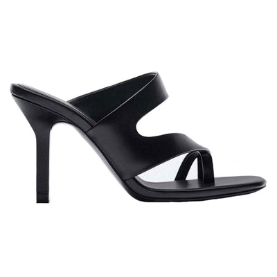 Sandalias Tacón Alto Mujer Cuero Oveja Negro Diseño Asimétrico con Cinturón - Image 5