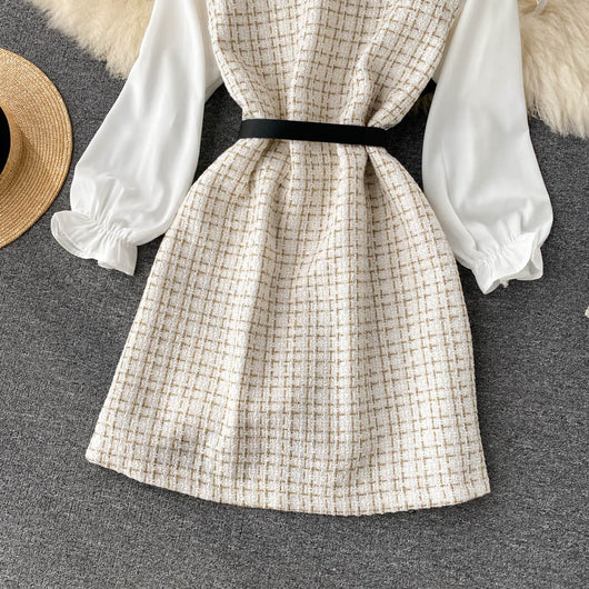 Vestido Houndstooth con Tirantes y Mangas Puff - Image 38