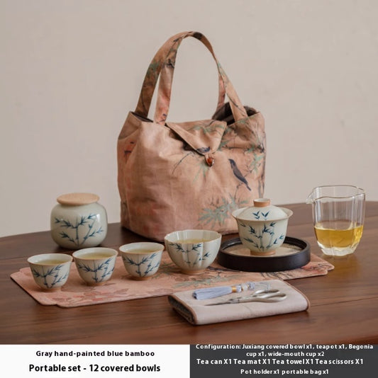 Juego de Té Gaiwan Porcelana Pintada a Mano con Diseño Bambú Azul - Image 2