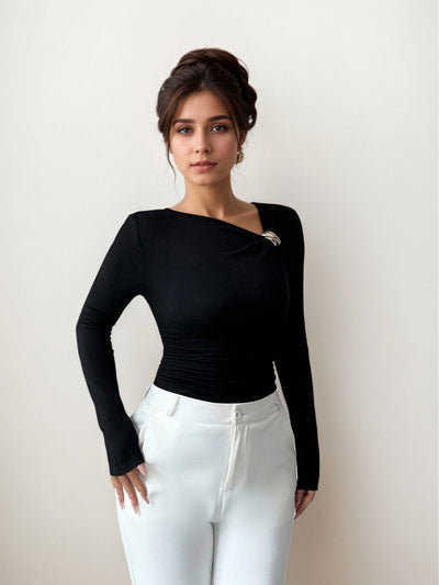 Blusa Base Plisada Cuello Oblicuo Mujer Esbeltecedora Primavera Otoño - Image 13