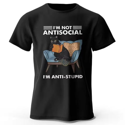 Red short-sleeve t-shirt with a black cat reading a book on an armchair and "I'M NOT ANTISOCIAL I'M ANTI-STUPID" text. - Image 5