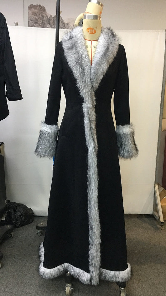 Abrigo Largo Mujer Invierno Estilo Étnico Retro Gamuza con Borde de Pelaje Sintético Negro - Image 5