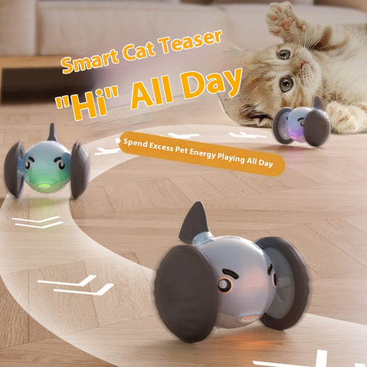 Yellow and white pet toy resembling a pufferfish with large gray wheels, designed for interactive play.