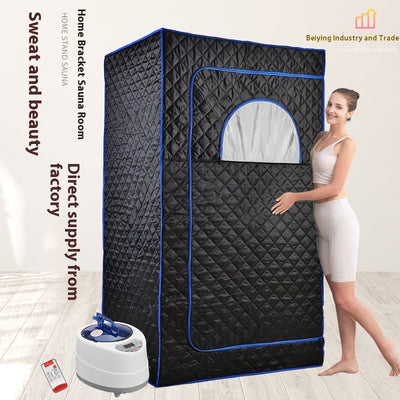 Portable brown quilted full body sauna room with steam generator, remote control, and accessories on a white background. - Image 9