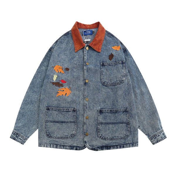 Chaqueta de Trabajo con Bordado de Hojas y Solapas Bicolor