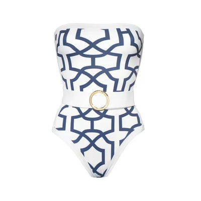 Woman in black and white floral print one-piece swimsuit with matching long-sleeved kimono cover-up and white belt. - Image 37