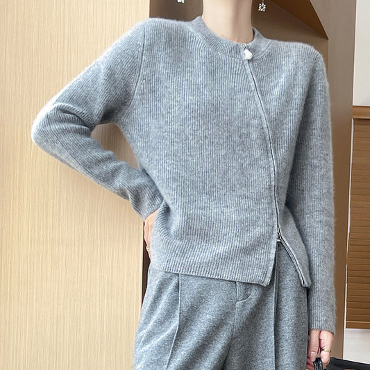 Cardigan Tejido Mujer Cuello Redondo Cremallera Oblicua Ajustado
