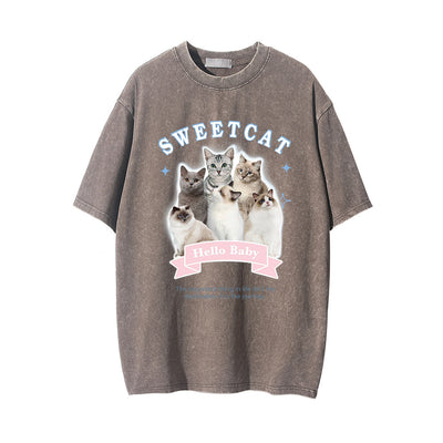 Camiseta Estampado Gatito Efecto Desgastado Manga Corta para Hombre - Image 15