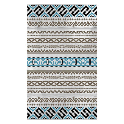 Rectangular area rug with white background and horizontal stripes of black, teal, and yellow tribal patterns. - Image 7