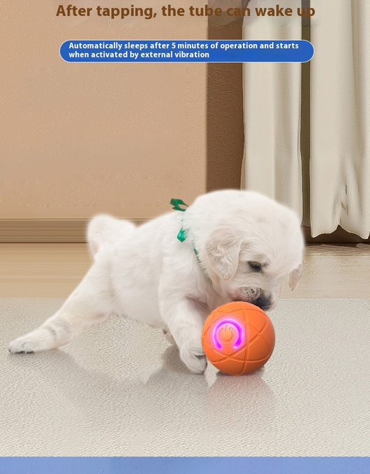Orange pet jumping ball with a glowing purple power button icon, designed for interactive play with dogs and cats. - Image 9