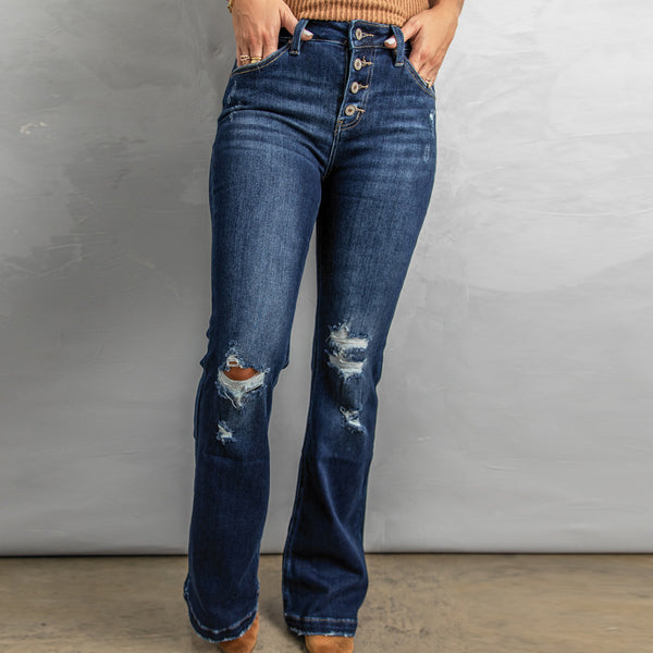 Jeans Talle Alto Slim Fit con Rotos Efecto Lavado para Mujer