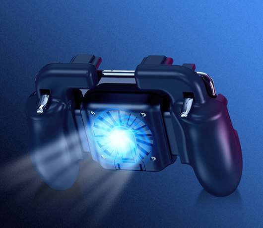 Red and blue smartphone game controller grip with integrated cooling fan and metal trigger buttons, connected to a white USB cable. - Image 6