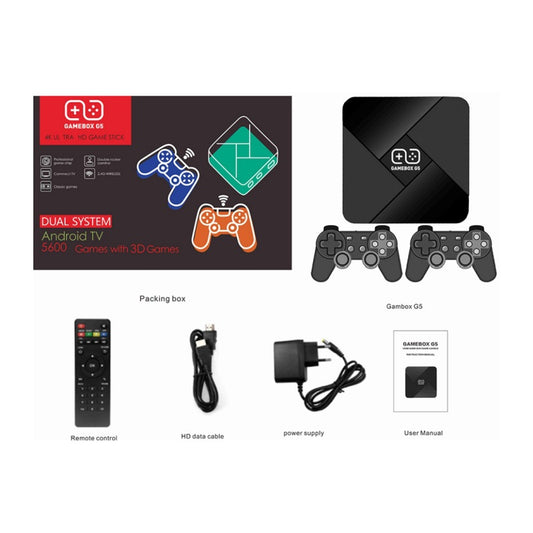 Black G5 Game BOX console with geometric design and two matching black gamepads for TV gaming.