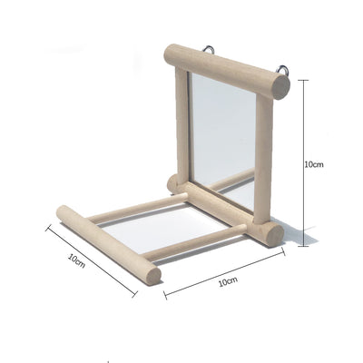 Natural wood bird stand with a double-sided mirror, featuring perches and metal hooks for small birds. - Image 8