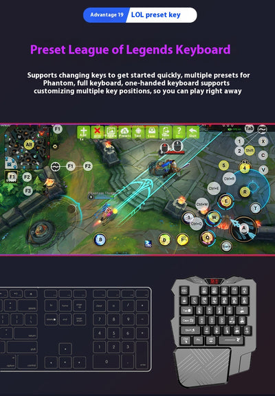 Gaming keyboard and mouse converter with one-handed RGB keyboard, gaming mouse, phone holder, and mouse pad. - Image 11