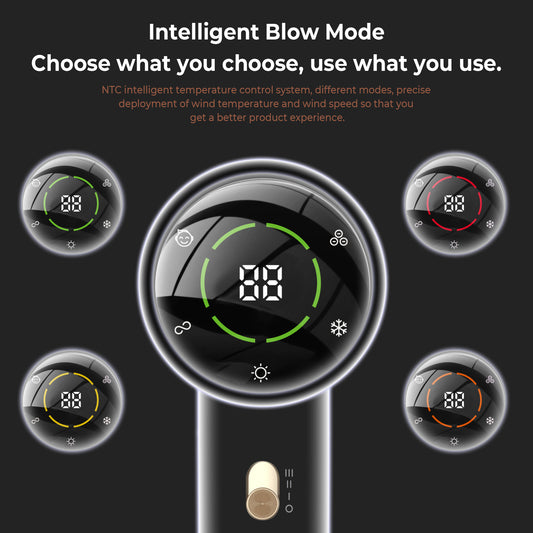 Black and gold high-power hair dryer with digital display, concentrator, and diffuser nozzles. - Image 2