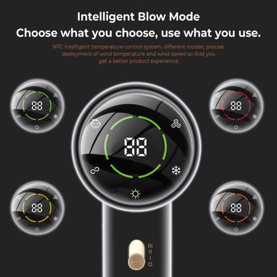 Black and gold high-power hair dryer with digital display, concentrator, and diffuser nozzles. - Image 2