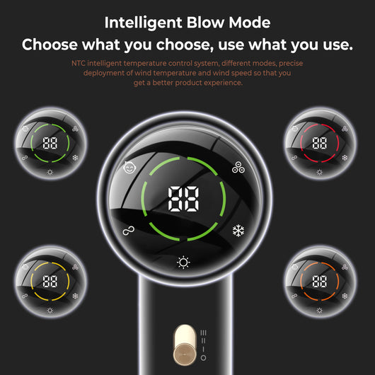 Black and gold high-power hair dryer with digital display, concentrator, and diffuser nozzles. - Image 2