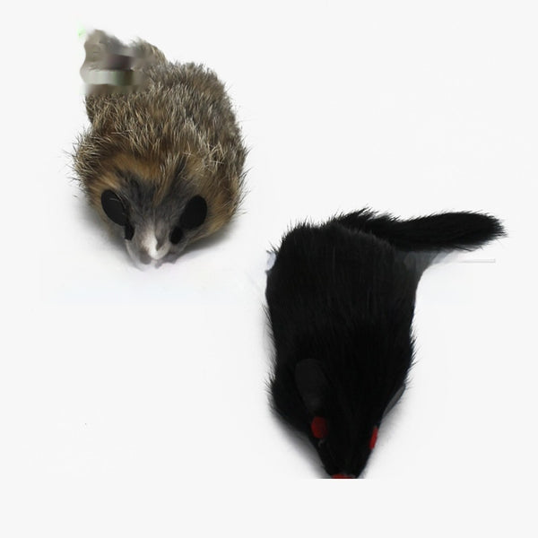Two plush mouse cat toys, one brown and one black, with red eyes and tails, shown on a white background.