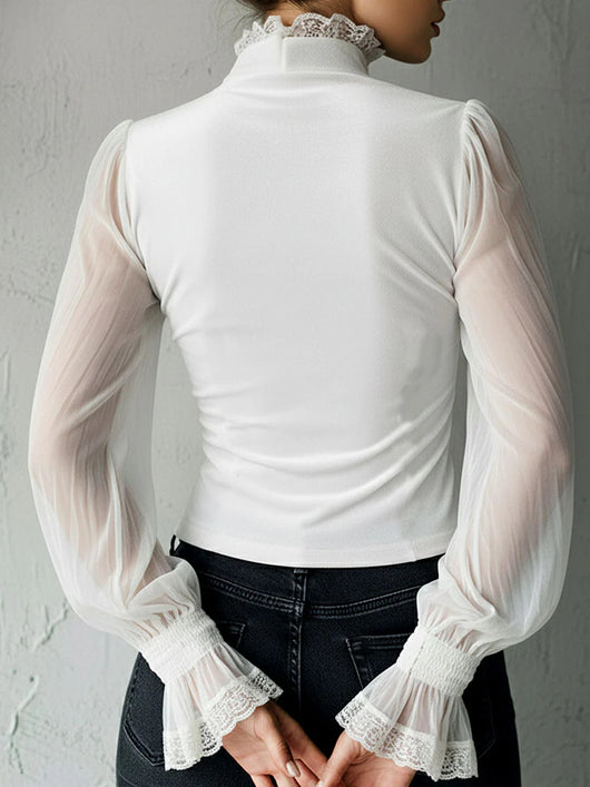 Blusa Negra de Encaje con Paneles de Malla y Detalles Florales Calados - Image 12